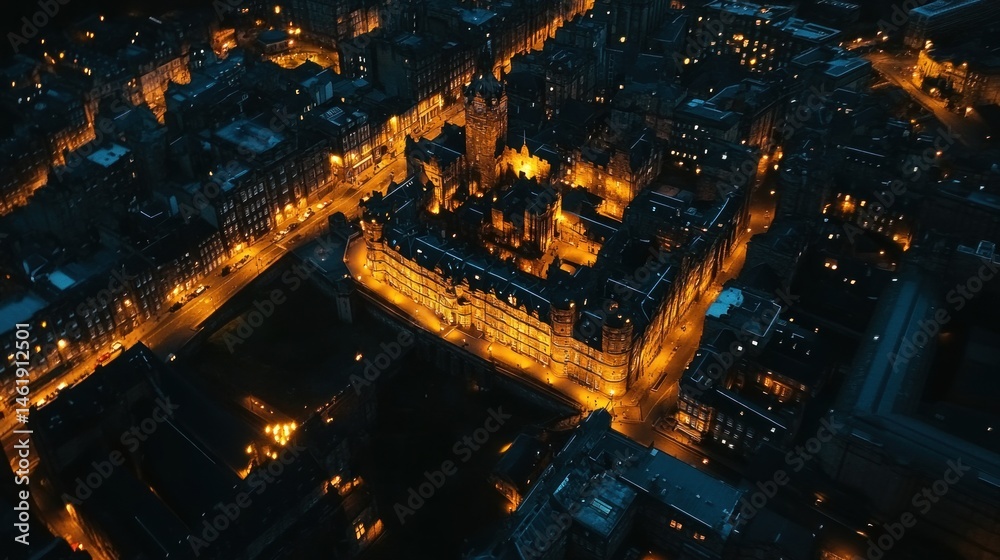 Obraz premium Aerial view of a cityscape illuminated at night, showcasing architecture and urban life.