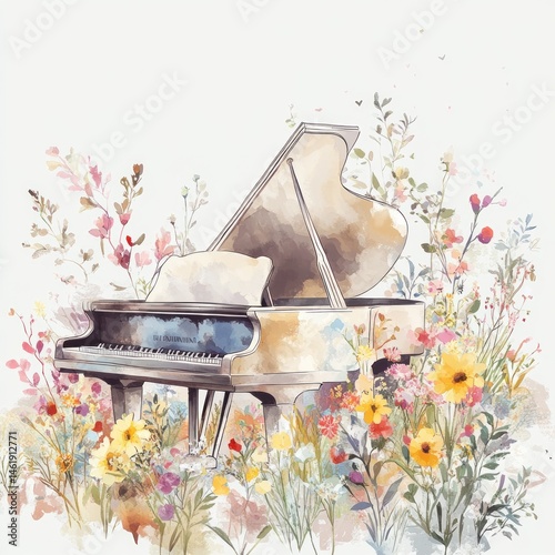 Fototapeta Naklejka Na Ścianę i Meble -  Piano surrounded by vibrant flowers in a watercolor style