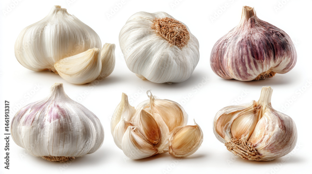 Collection of Fresh Garlic Bulbs and Cloves on White Background Collection of Fresh Garlic Bulbs and Cloves on White Background