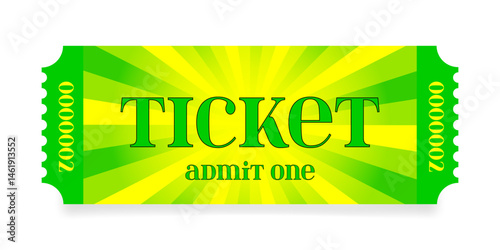Green and yellow ticket design with radial pattern. Ruffle edges and shadow. Circus, movie or zoo ticket	
