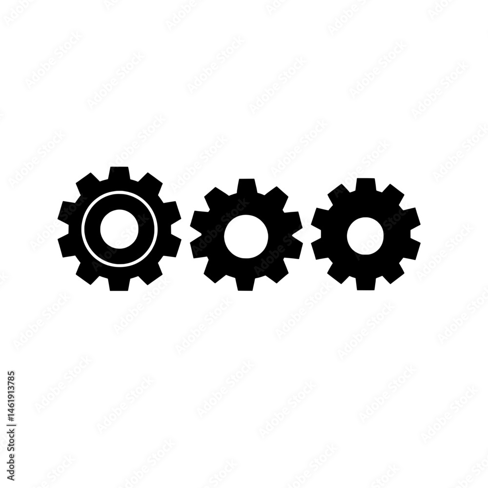 Three gear cog icon in black silhouette representing settings, mechanics, and system configuration Three gear cog icon in black silhouette representing settings, mechanics, and system configuration