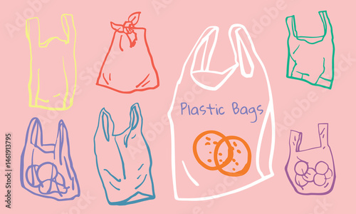 Colorful plastic bags vector set. Hand drawn outline icons set. Signs of polyethylene bags. 