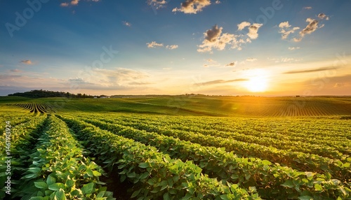 a vibrant green soybean field golden sunset skies lush nature landscape