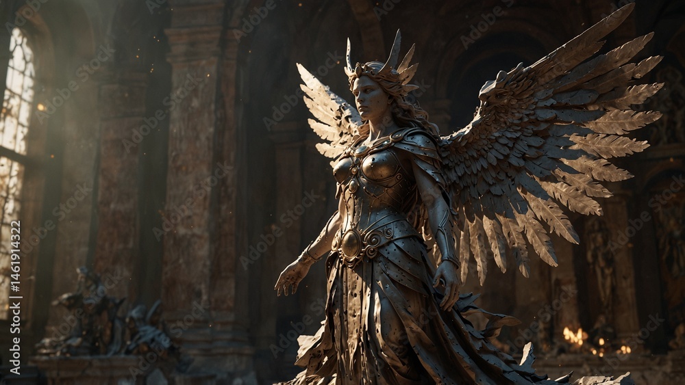 Fototapeta premium A statue of Furtina, her wings torn apart into countless shards of light by time