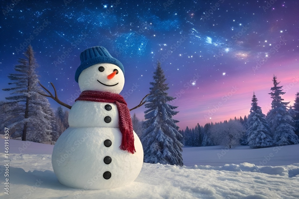 Fototapeta premium Photorealistic Snowman Under Starry Night Sky in Serene Snowy Forest Landscape