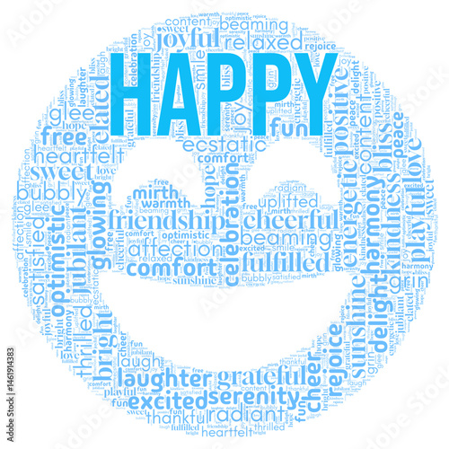 Word cloud centered on Happy FACE, featuring uplifting words about joy, positivity, and emotional well-being. Great for wellness, motivation, lifestyle, and feel-good creative projects