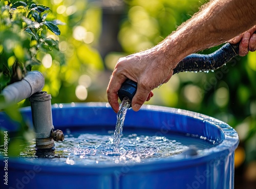 A hand fills a blue barrel with water using a hose, surrounded by greenery.
