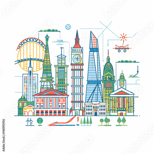 Cityscape Illustration with Landmarks and Transport