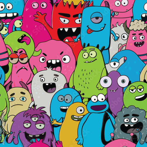seamless pattern with cute monsters, bright background/ Hand drawn monsters in graffiti style, unique characters with different emotions