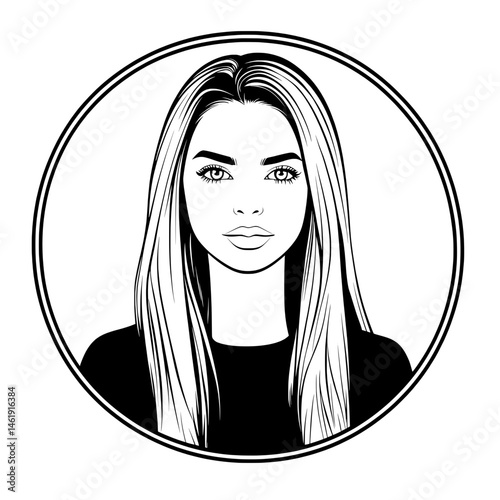 Monochrome avatar icon of a young woman with long hair in circular frame for digital identity or profile use