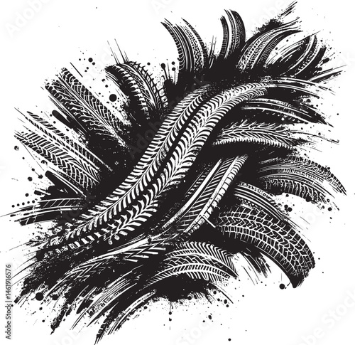 Abstract illustration showcasing intricate tire tread patterns combined with swirling dynamic splatter effects on a stark white background, 
