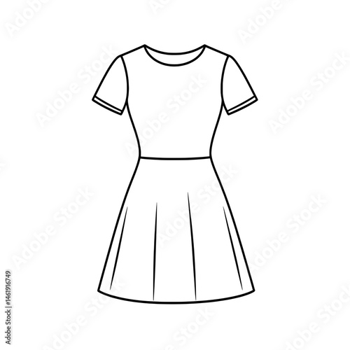Minimal black and white icon of a short-sleeved women's dress with a flared skirt design for fashion and clothing themes