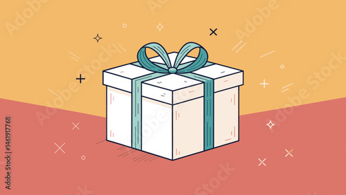 White gift box with green ribbon on warm background with copy space