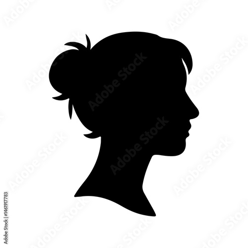 A simple, clean silhouette of a woman with her hair styled in an updo, shown in profile view. Vector illustration