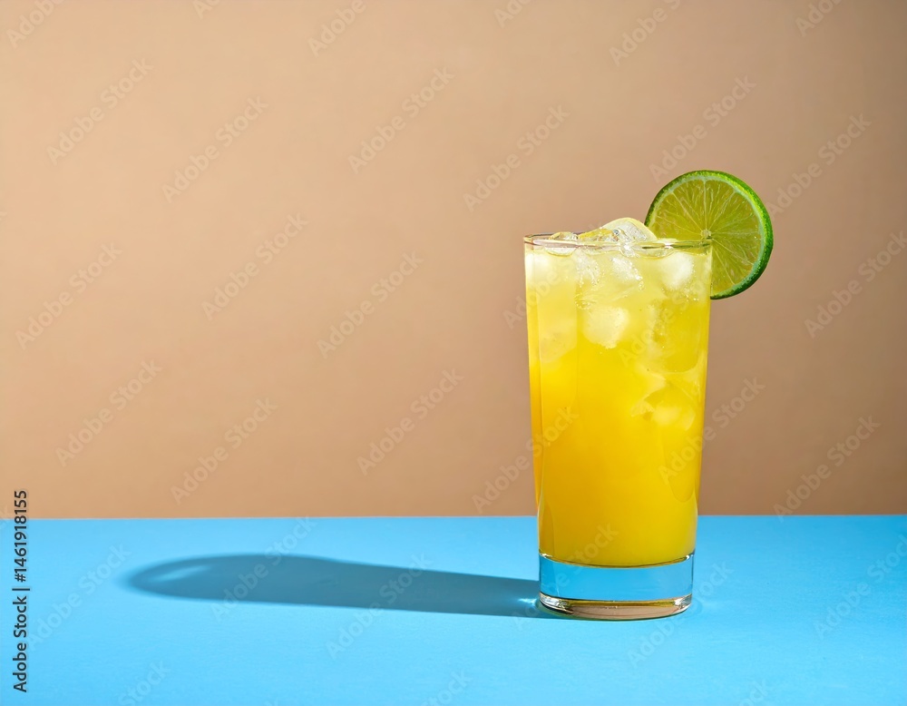 Fototapeta premium A tall glass of yellow cocktail with lime and ice sits on a blue surface, casting a shadow beneath it against a soft light brown background.