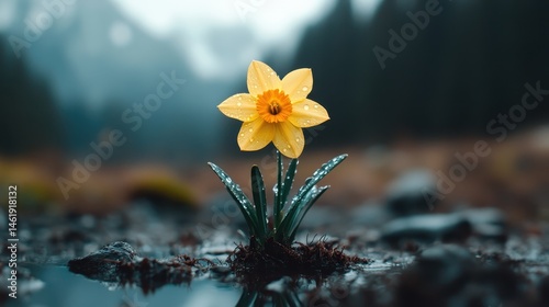 The striking image captures a solitary daffodil with sparkling raindrops gently glistening, set against a backdrop of magnificent misty mountains, evoking calmness.