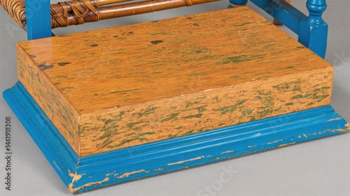 Close-up of a rectangular wooden platform with light orange-brown top, green paint flecks, and teal blue base showing wear and woo