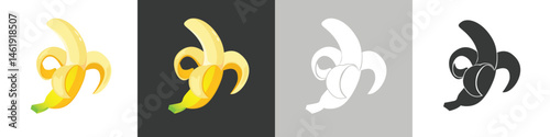 Banana icon set isolated vector illustration. Peel bananas, yellow fruit, bananas. Tropical fruits, banana snacks or vegetarian nutrition. 