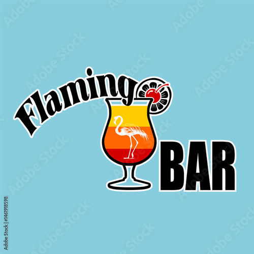 Flamingo bar logo design with a cocktail silhouette on a blue background, vector illustration