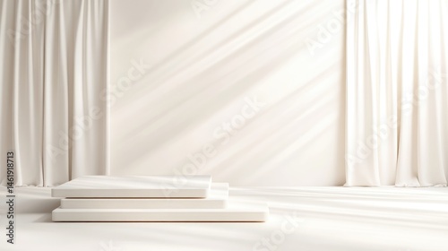 Minimalist, cream-colored, tiered platform display, bathed in sunlight, with soft drapes