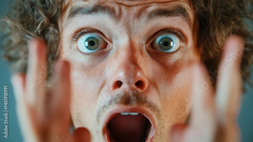 This image displays a man with a shocked expression, capturing raw, emotional intensity. His wide eyes and mouth agape evoke feelings of surprise and excitement in a striking manner.