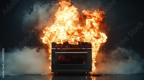 A striking and alarming image of a modern stovetop being consumed by towering flames, highlighting the critical dangers associated with cooking carelessness and fire safety.