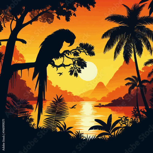 Silhouette of a makow bird in the Amazon forest with the sunset in the background 