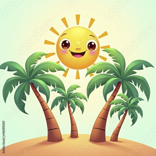 Cheerful sun with smiling face above tropical palm trees on sunny day