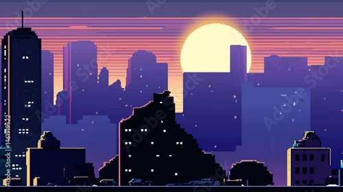 Pixel Art City Sunset Animation with Silhouetted Buildings and Glowing Skyline