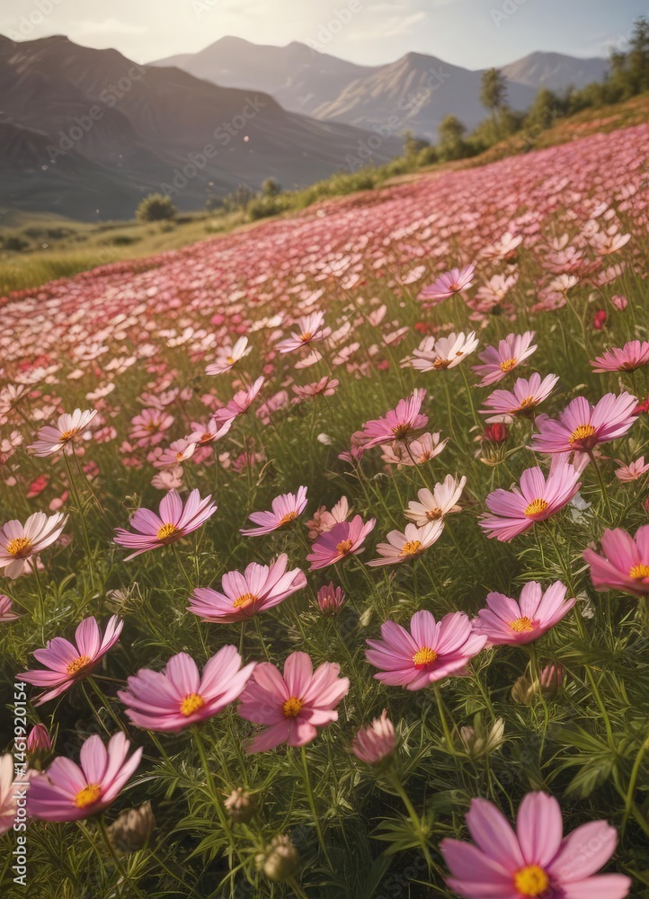 Obraz premium Endless rows of cosmos in full bloom, bathed in warm sunlight , design, red, background