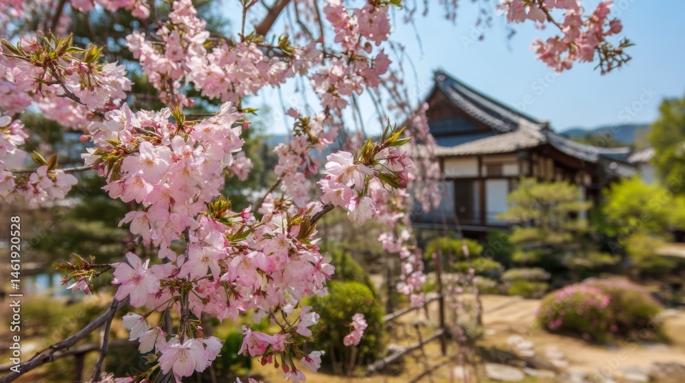 Traditional Japanese house framed by pink cherry blossoms in full bloom during peaceful spring morning Traditional Japanese house framed by pink cherry blossoms in full bloom during peaceful spring morning