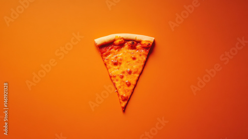 A single slice of cheesy pizza on a bright orange background, highlighting its delicious toppings and crust.