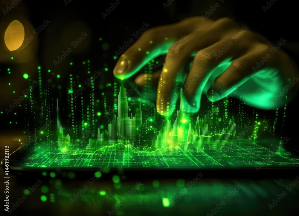 A hand interacts with a digital tablet displaying green data visualizations and graphs.