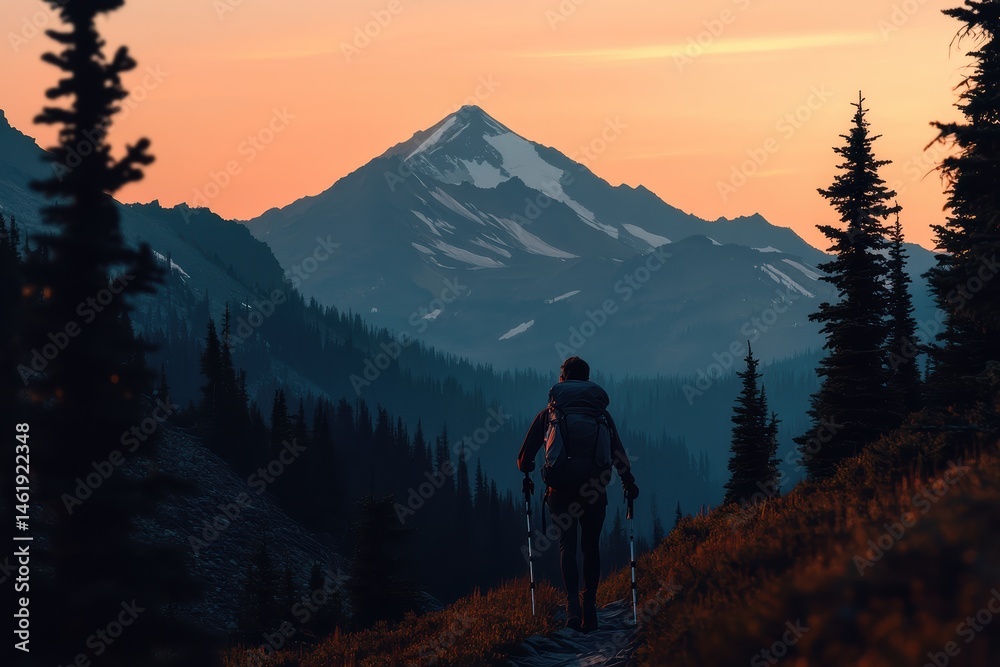 Fototapeta premium Hiker exploring stunning mountain trails at sunset near snow-capped peaks