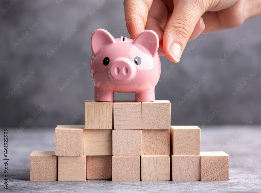 A hand places a piggy bank on a stack of wooden blocks, symbolizing saving and financial growth.