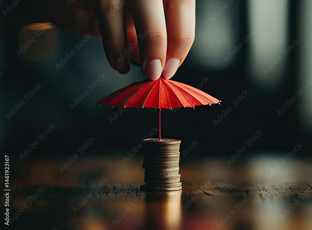 A hand places a red umbrella over a stack of coins, symbolizing financial protection.