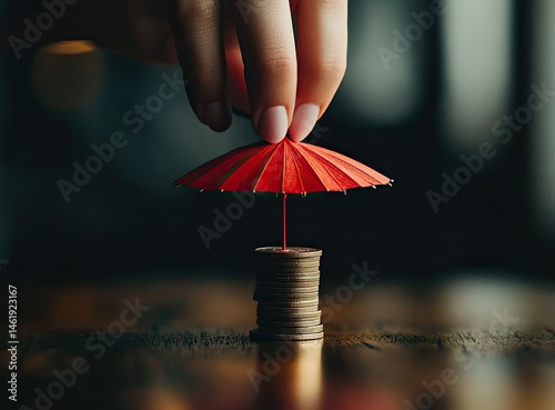Obraz na płótnie A hand places a red umbrella over a stack of coins, symbolizing financial protection. w salonie
