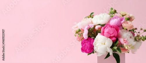 Elegant floral arrangement of pink and white peonies and roses in a pink box against a soft pink background Concept of love, romance, and celebration