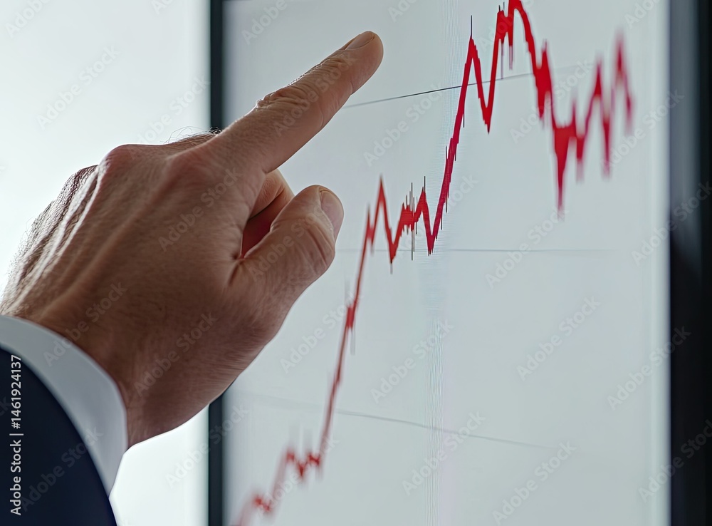 A hand pointing at a rising stock market graph on a screen, indicating analysis or financial trends.