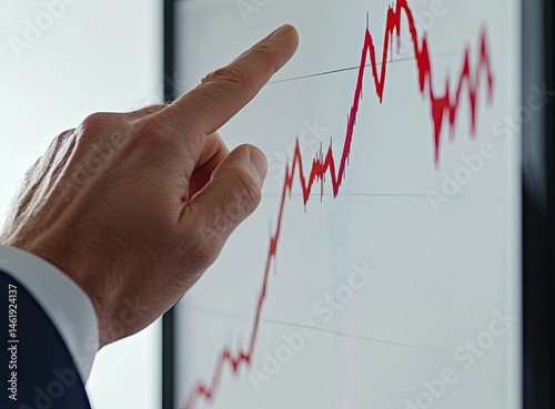 Obraz na płótnie A hand pointing at a rising stock market graph on a screen, indicating analysis or financial trends. w salonie