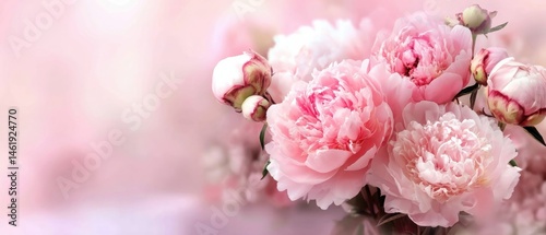 Fototapeta Naklejka Na Ścianę i Meble -  Romantic floral arrangement of pastel pink peonies with soft focus background Concept of love, wedding, and springtime