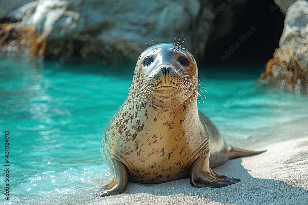 Fototapeta premium Sleek seal basks on warm sand with turquoise water in the background