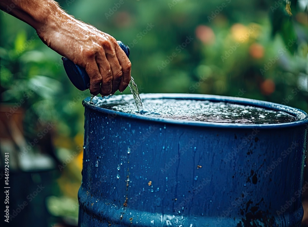 A hand pours water into a blue barrel, surrounded by a lush, green garden.
