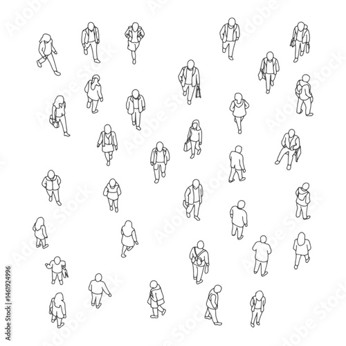 Stylized top view vector illustration of walking pedestrians for use in architectural plans, city park layouts, and modern urban design projects

