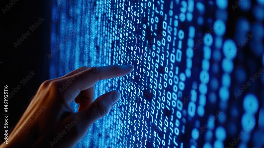 A hand reaches out to touch a digital display of binary code, symbolizing interaction with technology.
