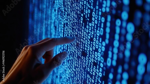 Obraz na płótnie A hand reaches out to touch a digital display of binary code, symbolizing interaction with technology. w salonie