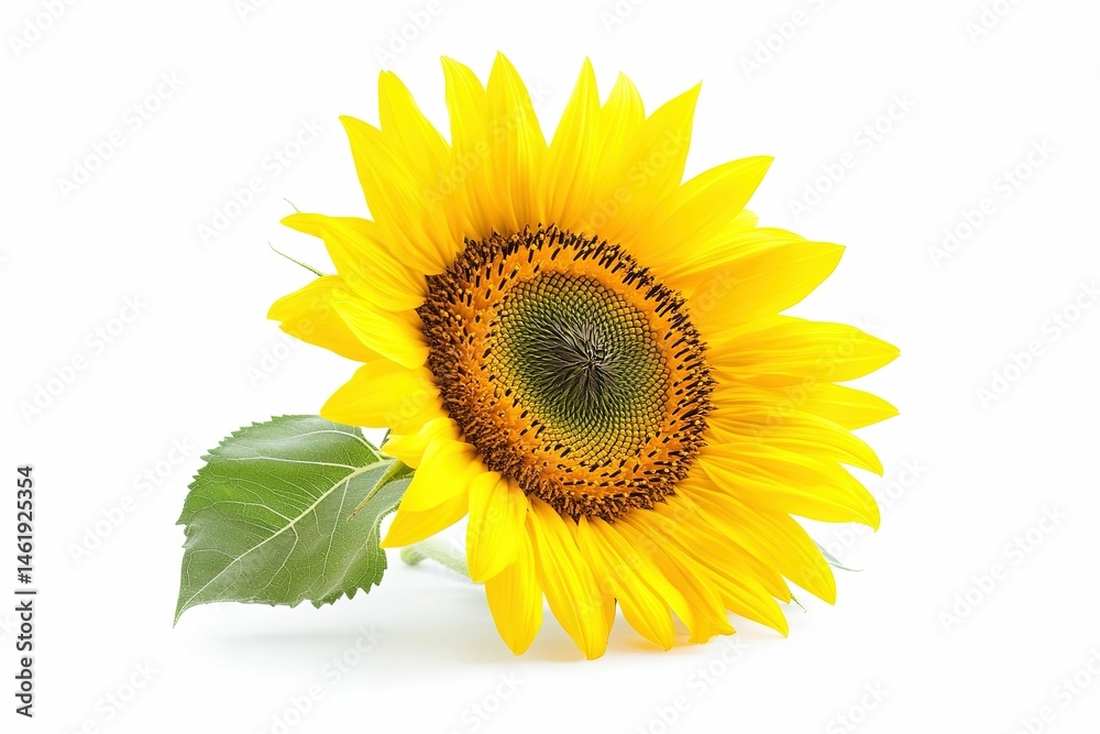Obraz premium A yellow sunflower with a green stem and a leaf. , isolated on white background.