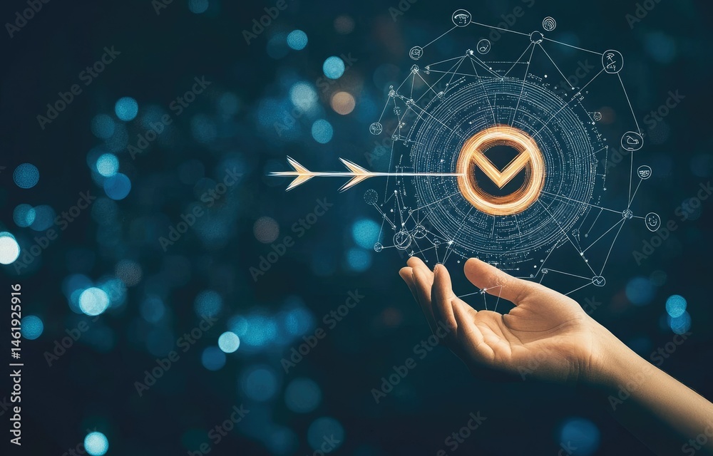 A hand reaching out towards a digital target symbol, representing focus and achievement in technology.