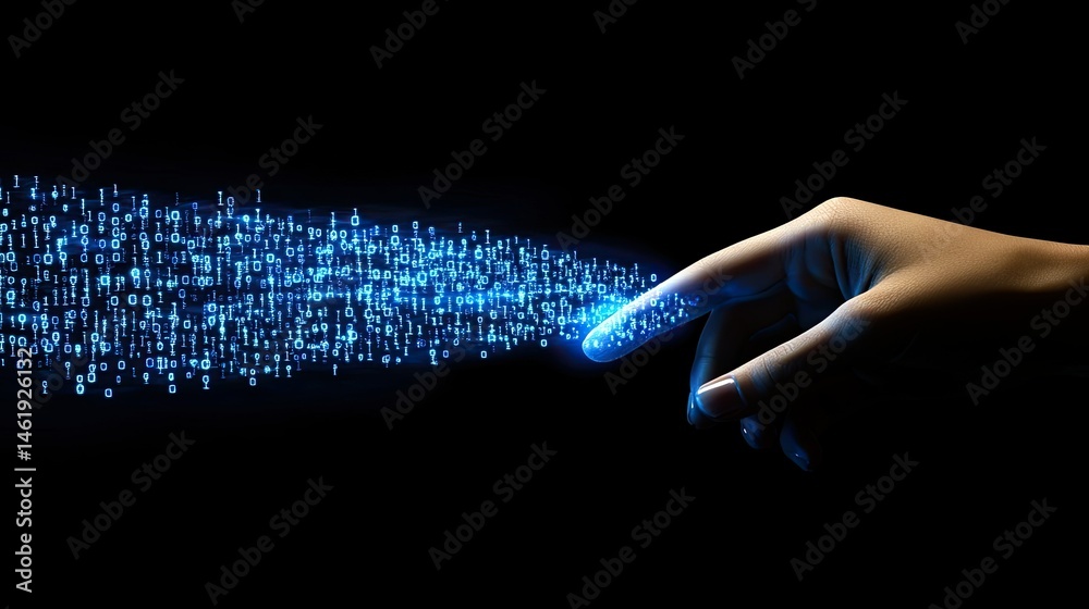 A hand reaching out, emitting a stream of blue digital data particles against a dark background.