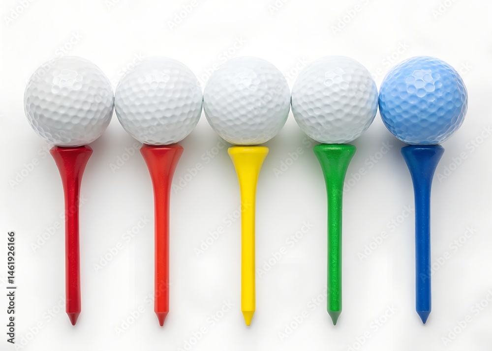 Row of Colorful Golf Balls on Yellow and Red Tees Row of Colorful Golf Balls on Yellow and Red Tees